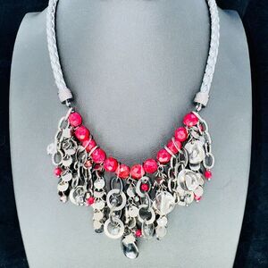 Chico's Grey Leather Braided Choker Necklace Burgundy Beads Silver Dangle Metal